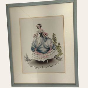 Vintage 1940s Turner Victorian Lady Canvas Art Print Lithograph Pastel Airbrush